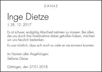 Traueranzeige von Inge Dietze von Neue Osnabrücker Zeitung GmbH & Co. KG