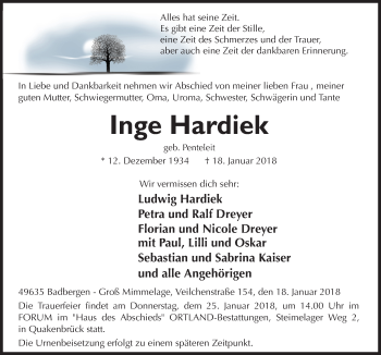 Traueranzeige von Inge Hardiek von Neue Osnabrücker Zeitung GmbH & Co. KG