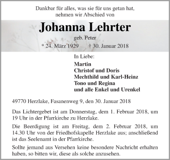 Traueranzeige von Johanna Lehrter von Neue Osnabrücker Zeitung GmbH & Co. KG