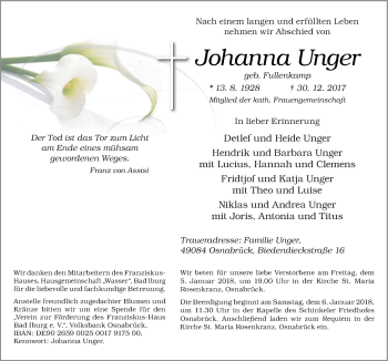 Traueranzeige von Johanna Unger von Neue Osnabrücker Zeitung GmbH & Co. KG