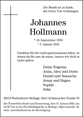 Traueranzeige von Johannes Hollmann von Neue Osnabrücker Zeitung GmbH & Co. KG