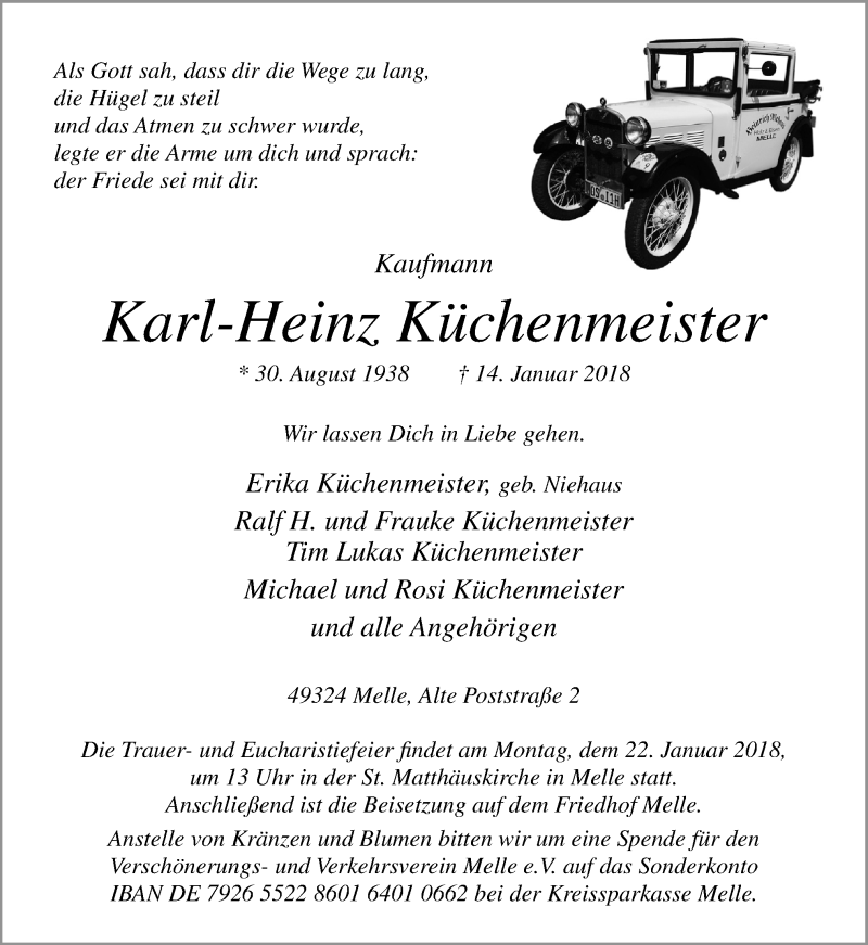  Traueranzeige für Karl-Heinz Küchenmeister vom 17.01.2018 aus Neue Osnabrücker Zeitung GmbH & Co. KG
