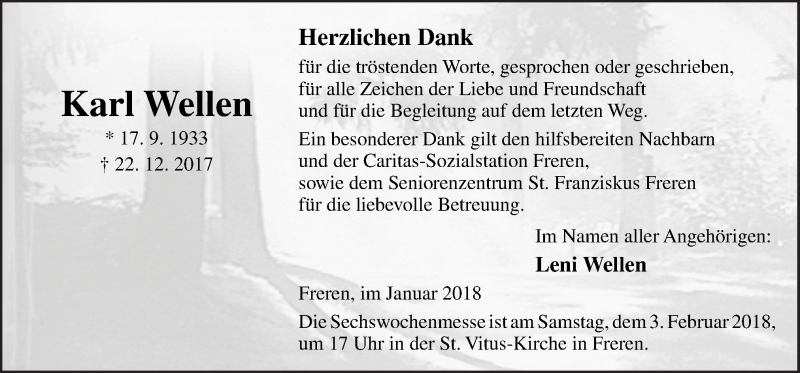  Traueranzeige für Karl Wellen vom 31.01.2018 aus Neue Osnabrücker Zeitung GmbH & Co. KG