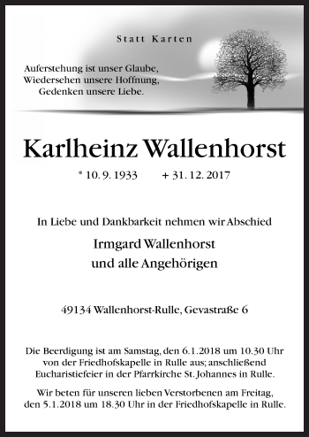 Traueranzeige von Karlheinz Wallenhorst von Neue Osnabrücker Zeitung GmbH & Co. KG