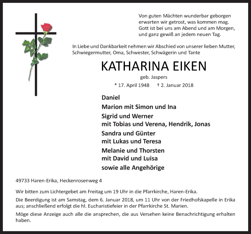  Traueranzeige für Katharina Eiken vom 04.01.2018 aus Neue Osnabrücker Zeitung GmbH & Co. KG