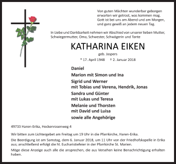 Traueranzeige von Katharina Eiken von Neue Osnabrücker Zeitung GmbH & Co. KG