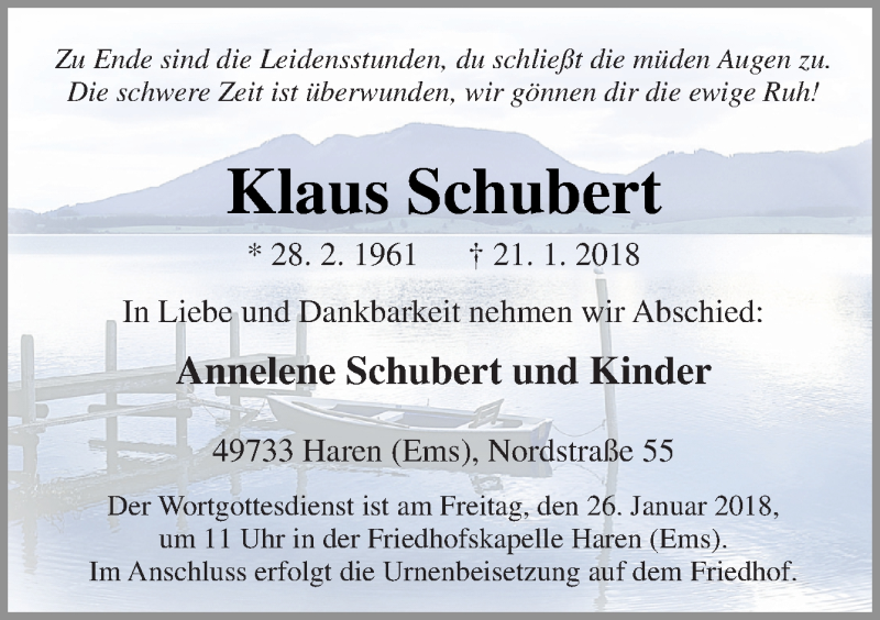  Traueranzeige für Klaus Schubert vom 24.01.2018 aus Neue Osnabrücker Zeitung GmbH & Co. KG