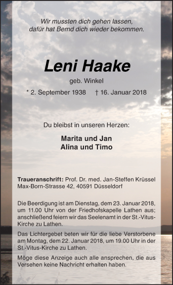 Traueranzeige von Leni Haake von Neue Osnabrücker Zeitung GmbH & Co. KG