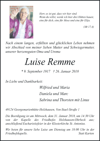 Traueranzeige von Luise Remme von Neue Osnabrücker Zeitung GmbH & Co. KG