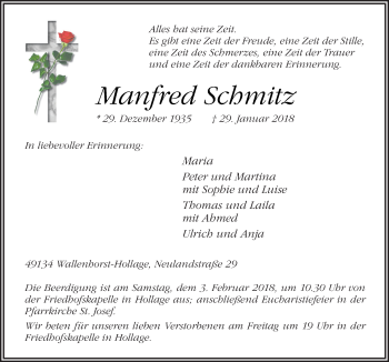 Traueranzeige von Manfred Schmitz von Neue Osnabrücker Zeitung GmbH & Co. KG