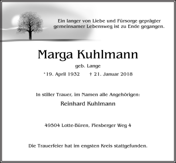 Traueranzeige von Marga Kuhlmann von Neue Osnabrücker Zeitung GmbH & Co. KG