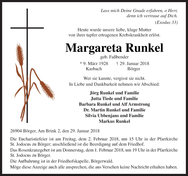  Traueranzeige für Margareta Runkel vom 31.01.2018 aus Neue Osnabrücker Zeitung GmbH & Co. KG