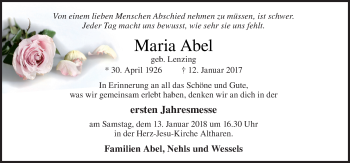 Traueranzeige von Maria Abel von Neue Osnabrücker Zeitung GmbH & Co. KG