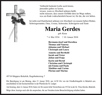 Traueranzeige von Maria Gerdes von Neue Osnabrücker Zeitung GmbH & Co. KG