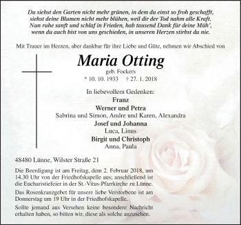 Traueranzeige von Maria Otting von Neue Osnabrücker Zeitung GmbH & Co. KG