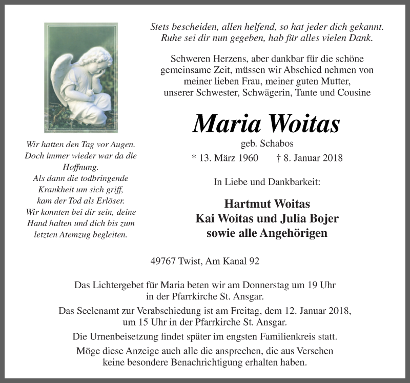  Traueranzeige für Maria Woitas vom 10.01.2018 aus Neue Osnabrücker Zeitung GmbH & Co. KG
