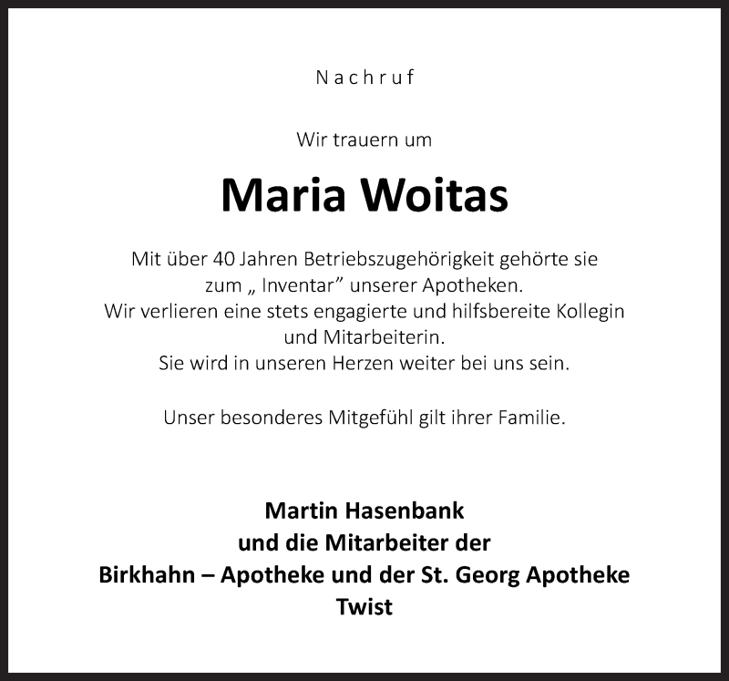  Traueranzeige für Maria Woitas vom 12.01.2018 aus Neue Osnabrücker Zeitung GmbH & Co. KG