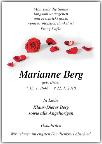 Traueranzeige von Marianne Berg von Neue Osnabrücker Zeitung GmbH & Co. KG