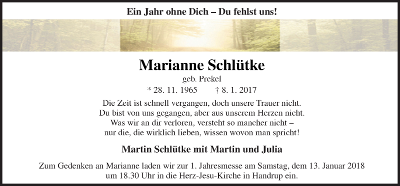  Traueranzeige für Marianne Schlütke vom 08.01.2018 aus Neue Osnabrücker Zeitung GmbH & Co. KG