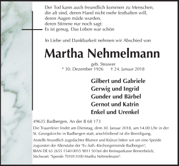 Traueranzeige von Martha Nehmelmann von Neue Osnabrücker Zeitung GmbH & Co. KG
