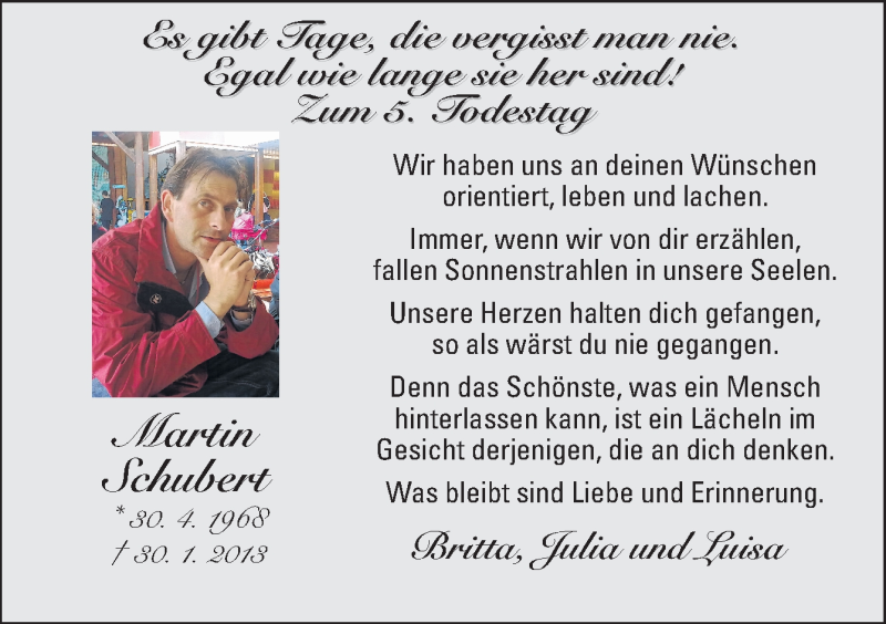  Traueranzeige für Martin Schubert vom 30.01.2018 aus Neue Osnabrücker Zeitung GmbH & Co. KG