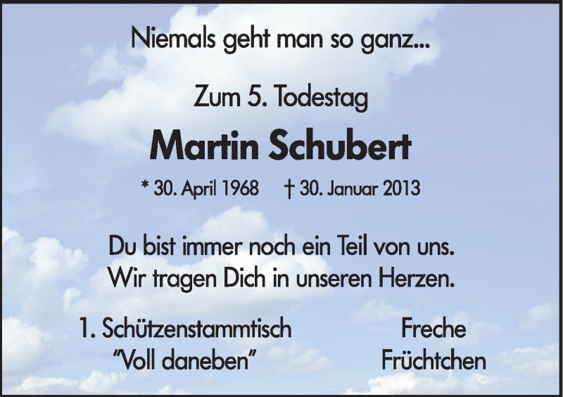  Traueranzeige für Martin Schubert vom 30.01.2018 aus Neue Osnabrücker Zeitung GmbH & Co. KG