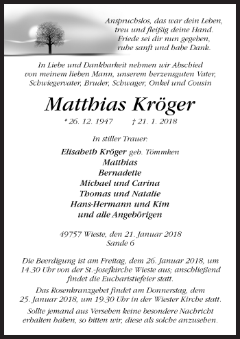 Traueranzeige von Matthias Kröger von Neue Osnabrücker Zeitung GmbH & Co. KG