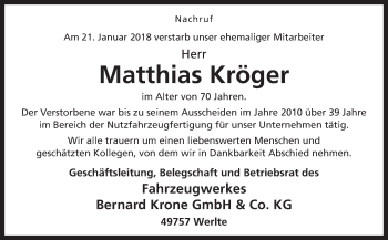 Traueranzeige von Matthias Kröger von Neue Osnabrücker Zeitung GmbH & Co. KG