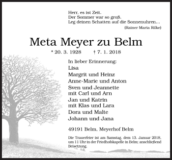 Traueranzeige von Meta Meyer zu Belm von Neue Osnabrücker Zeitung GmbH & Co. KG