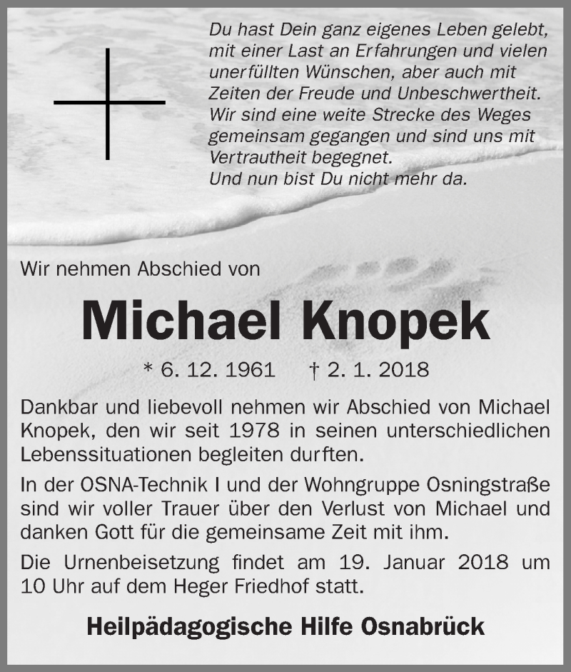  Traueranzeige für Michael Knopek vom 15.01.2018 aus Neue Osnabrücker Zeitung GmbH & Co. KG