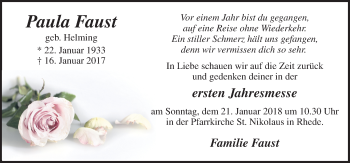 Traueranzeige von Paula Faust von Neue Osnabrücker Zeitung GmbH & Co. KG