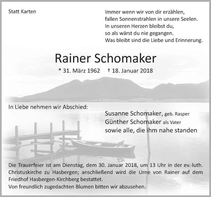  Traueranzeige für Rainer Schomaker vom 23.01.2018 aus Neue Osnabrücker Zeitung GmbH & Co. KG