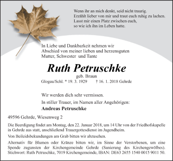 Traueranzeige von Ruth Petruschke von Neue Osnabrücker Zeitung GmbH & Co. KG