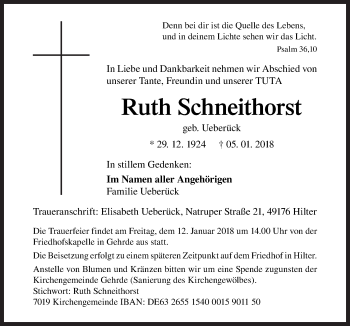 Traueranzeige von Ruth Schneithorst von Neue Osnabrücker Zeitung GmbH & Co. KG