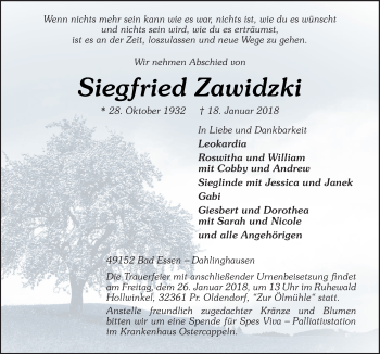 Traueranzeige von Siegfried Zawidzki von Neue Osnabrücker Zeitung GmbH & Co. KG