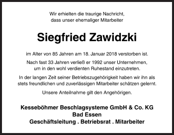 Traueranzeige von Siegfried Zawidzki von Neue Osnabrücker Zeitung GmbH & Co. KG