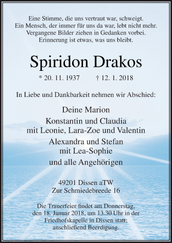 Traueranzeige von Spiridon Drakos von Neue Osnabrücker Zeitung GmbH & Co. KG