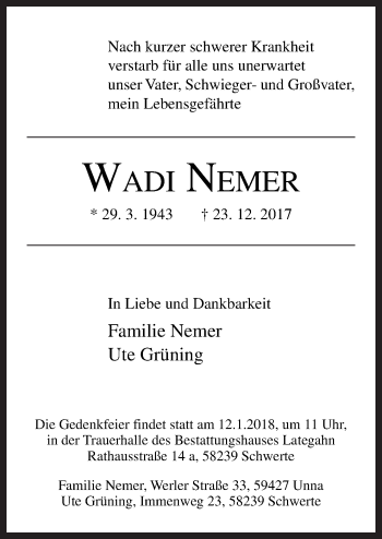 Traueranzeige von Wadi Nemer von Neue Osnabrücker Zeitung GmbH & Co. KG