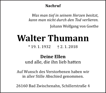 Traueranzeige von Walter Thumann von Neue Osnabrücker Zeitung GmbH & Co. KG