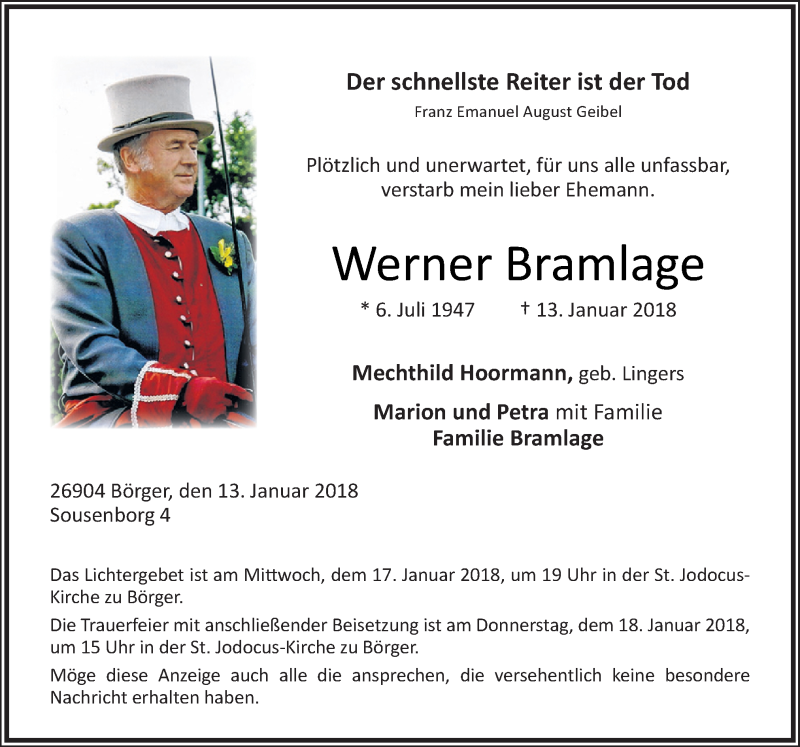  Traueranzeige für Werner Bramlage vom 15.01.2018 aus Neue Osnabrücker Zeitung GmbH & Co. KG