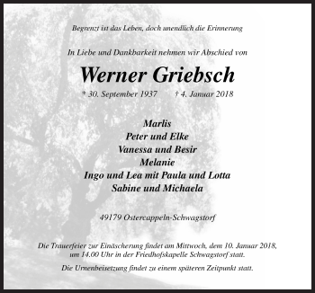 Traueranzeige von Werner Griebsch von Neue Osnabrücker Zeitung GmbH & Co. KG
