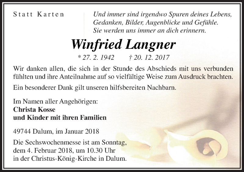  Traueranzeige für Winfried Langner vom 31.01.2018 aus Neue Osnabrücker Zeitung GmbH & Co. KG