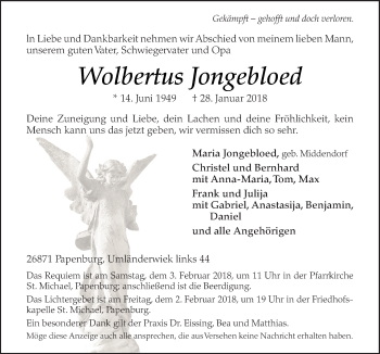 Traueranzeige von Wolbertus Jongebloed von Neue Osnabrücker Zeitung GmbH & Co. KG