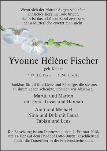 Traueranzeige von Yvonne Hélène Fischer von Neue Osnabrücker Zeitung GmbH & Co. KG