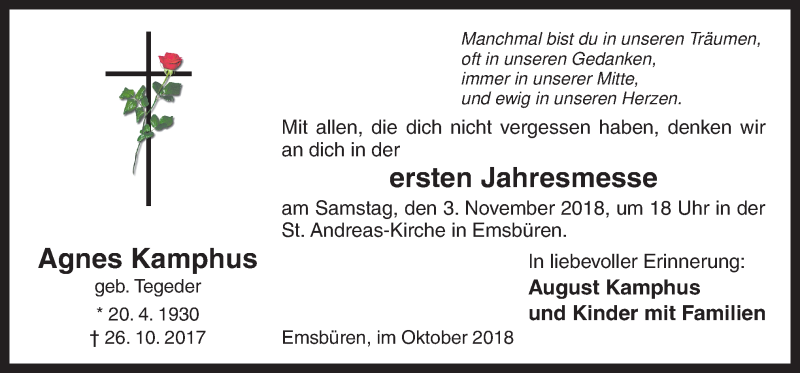  Traueranzeige für Agnes Kamphus vom 30.10.2018 aus Neue Osnabrücker Zeitung GmbH & Co. KG