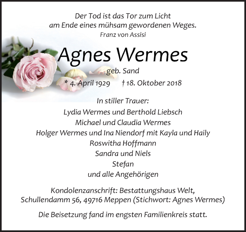  Traueranzeige für Agnes Wermes vom 24.10.2018 aus Neue Osnabrücker Zeitung GmbH & Co. KG