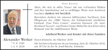 Traueranzeige von Alexander Werker von Neue Osnabrücker Zeitung GmbH & Co. KG