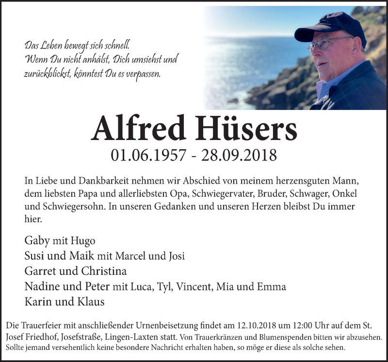  Traueranzeige für Alfred Hüsers vom 06.10.2018 aus Neue Osnabrücker Zeitung GmbH & Co. KG