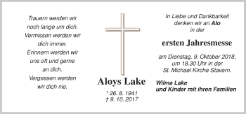 Traueranzeige von Aloys Lake von Neue Osnabrücker Zeitung GmbH & Co. KG