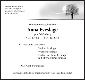 Traueranzeige von Anna Eveslage von Neue Osnabrücker Zeitung GmbH & Co. KG